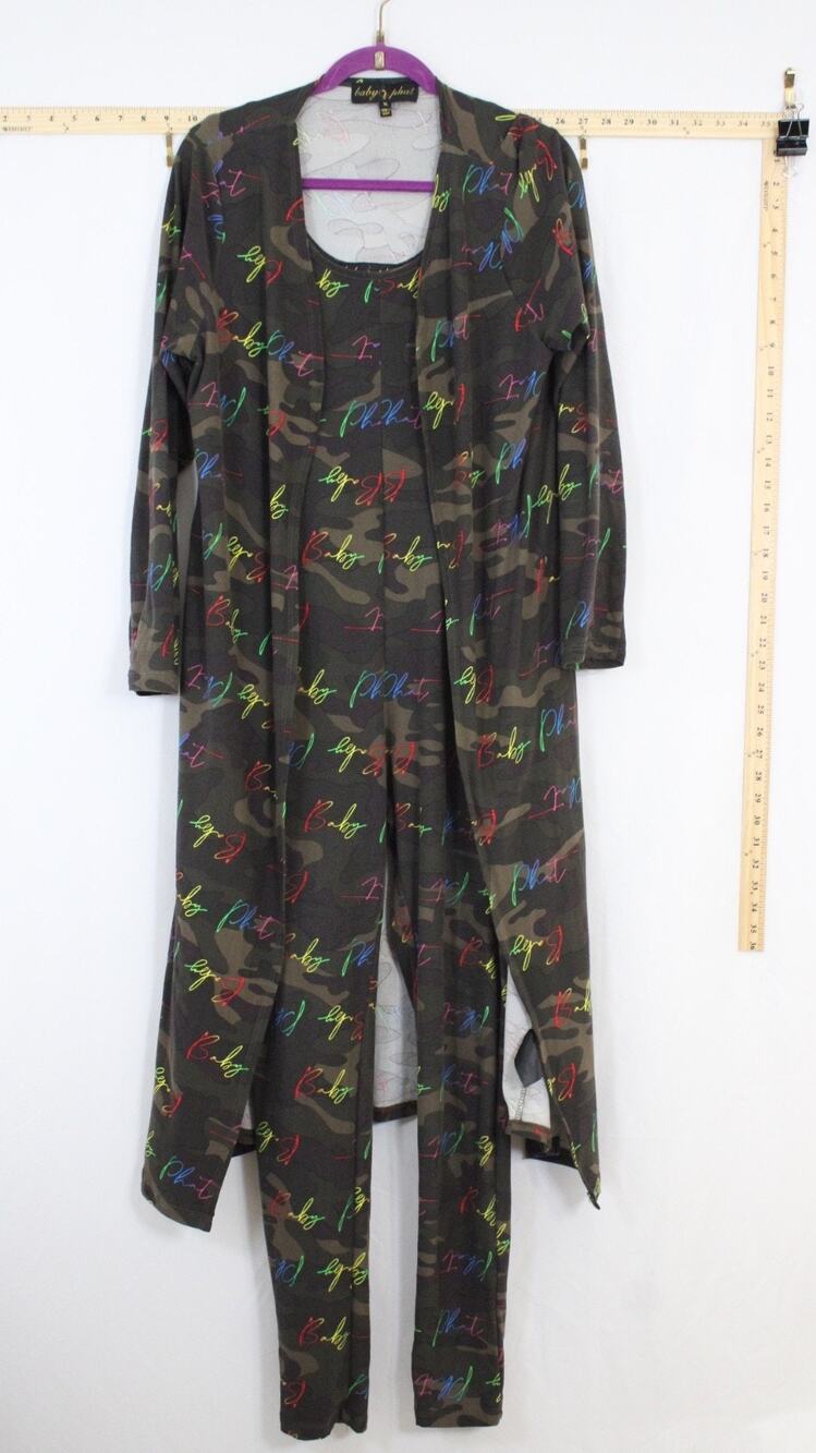 VTG Baby Phat Women XL 2 Piece Jumpsuit Duster Camo Multicolor Logo Y2K